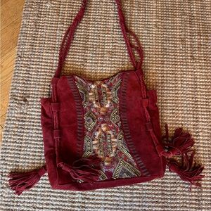 Anthropologie Red and Gold Embroidered Hobo Bag